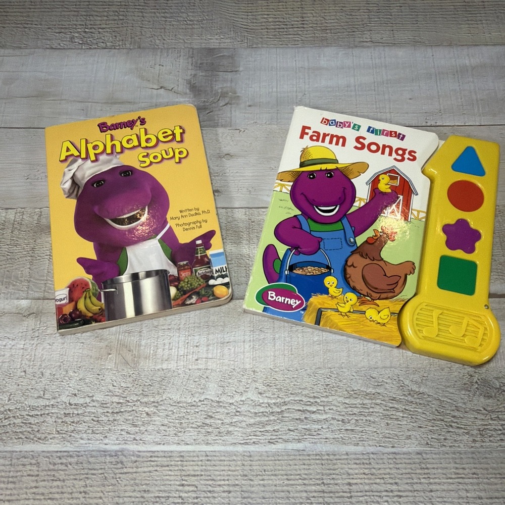 Barney Books Lot 2 Alphabet Soup Baby's First Farm Songs Sound Board Book